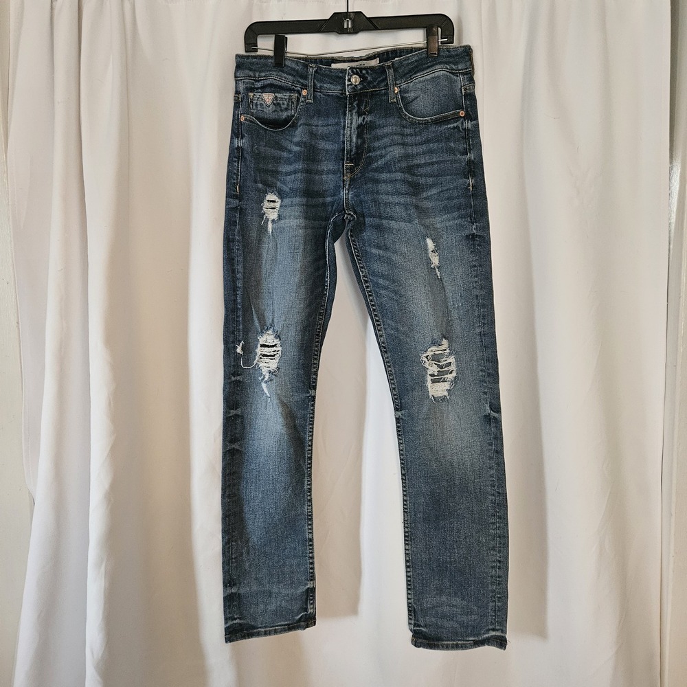 Guess Mens‎ Slim Tapered Distressed/Destroyed Indigo Blue Stretch Jeans 31x32